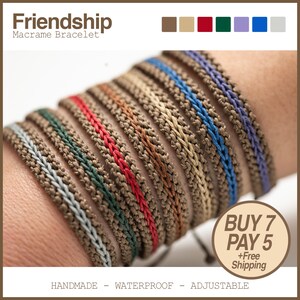 May include: A collection of macrame friendship bracelets in various colors, including red, green, blue, and purple. The bracelets are handmade, waterproof, and adjustable. The image includes the text "Friendship Macrame Bracelet".