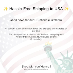 K&ouml;nnte beinhalten: Bild mit Text: "Hassle-Free Shipping to USA." Zus&auml;tzlicher Text lautet: "Good news for our US-based customers!" und "Shop with confidence!" Der Hintergrund zeigt eine stilisierte amerikanische Flagge und die Freiheitsstatue.