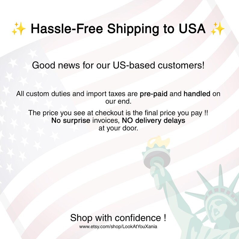 K&ouml;nnte beinhalten: Bild mit Text: "Hassle-Free Shipping to USA." Zus&auml;tzlicher Text lautet: "Good news for our US-based customers!" und "Shop with confidence!" Der Hintergrund zeigt eine stilisierte amerikanische Flagge und die Freiheitsstatue.