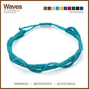 May include: Turquoise friendship bracelet with a woven design. The bracelet is handmade, waterproof, and adjustable. The image includes the text "Waves Friendship Bracelet" and a color palette of 10 colors.