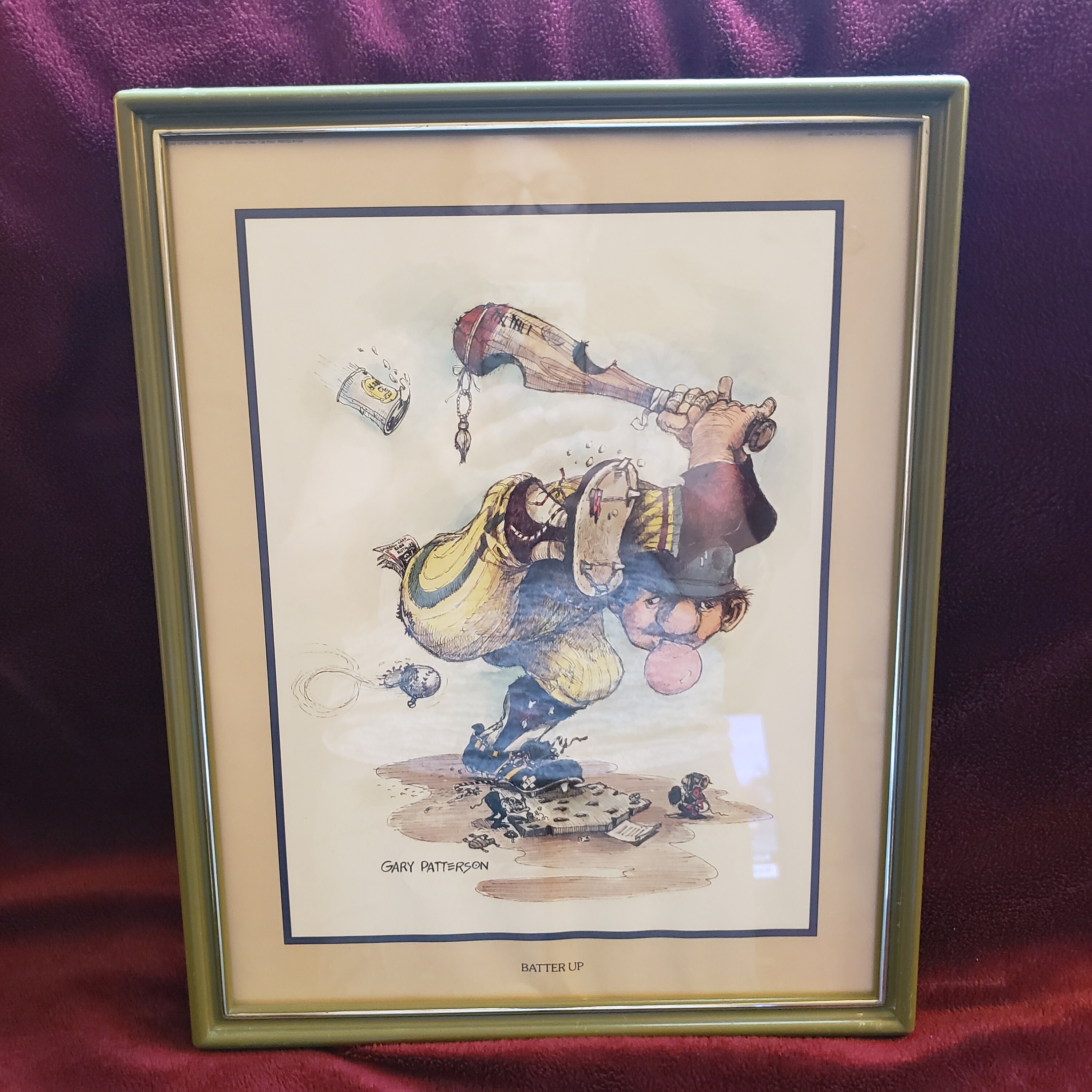 Vintage Framed Gary Patterson Print of Batter Up! Cartoonish