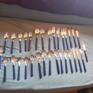 Puede incluir: Un juego de cubiertos de acero inoxidable con mangos azul marino. El conjunto incluye cucharas de varios tamaños, tenedores y cuchillos. Los cubiertos están dispuestos sobre una superficie verde claro.