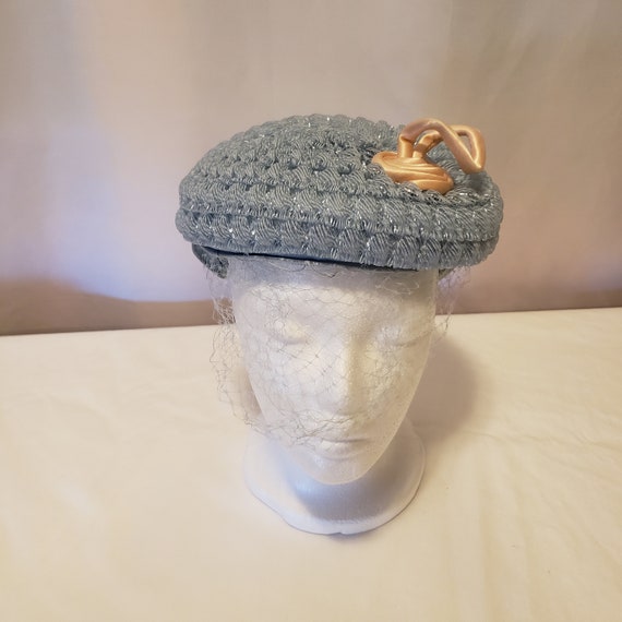 Vintage Ladies Blue Hat With Veil and Cream Design. Made by  display picture 1