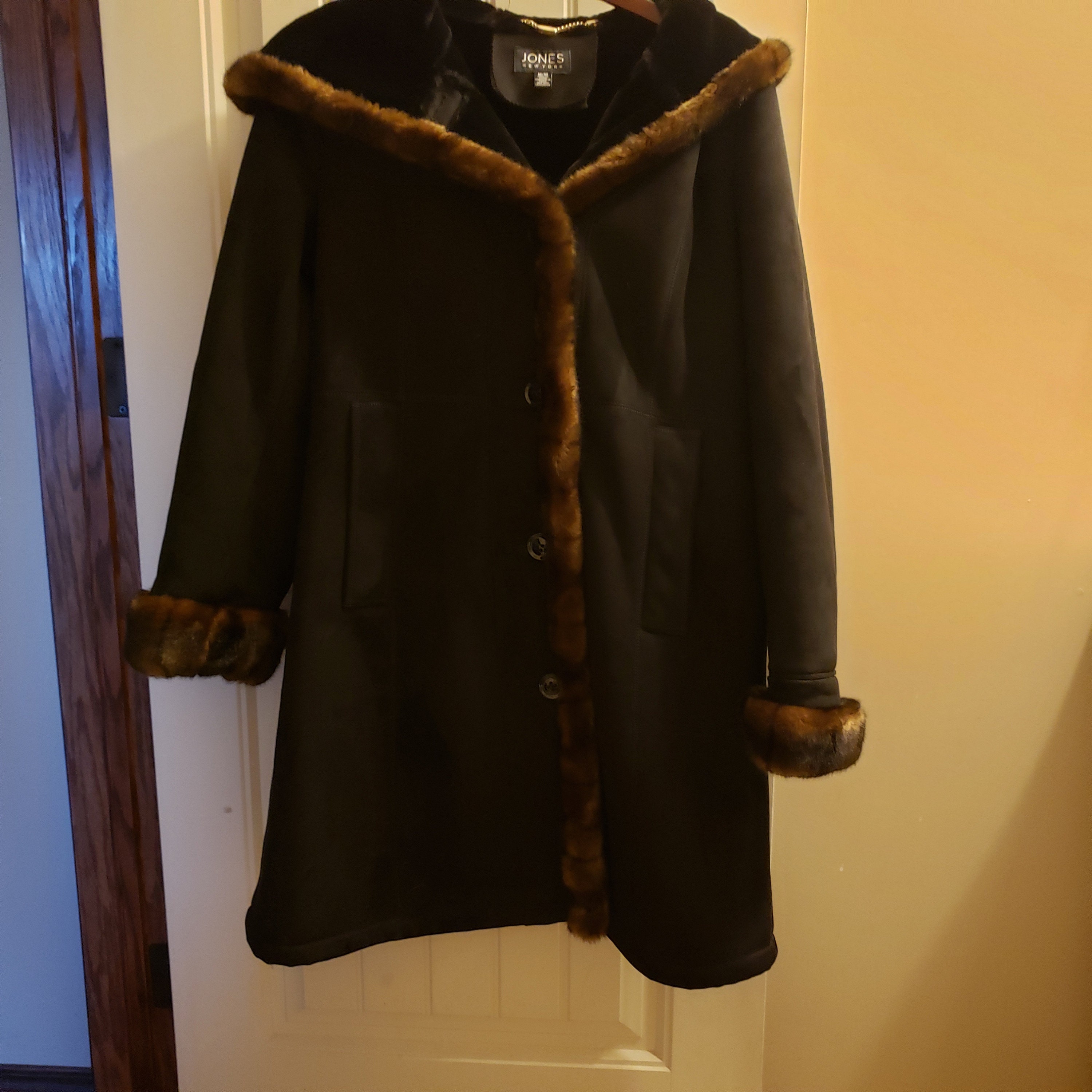 Vintage Ladies Jones New York Faux Suede Coat. Hooded. Size