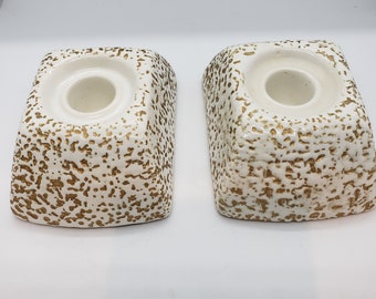 1970s Pair of ceramic candle stick holders Pebbled on white ceramic