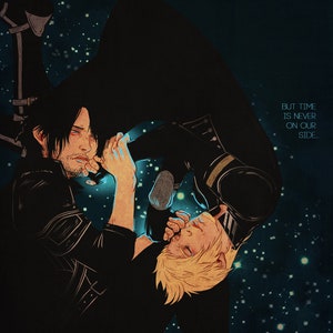 Könnte beinhalten: Digitaler Kunstdruck mit zwei Figuren in dunkler Kleidung vor einem Sternenhintergrund. Text enthält "I wanna wake up, feel the water and the sunlight on my face" und "But time is never on our side."