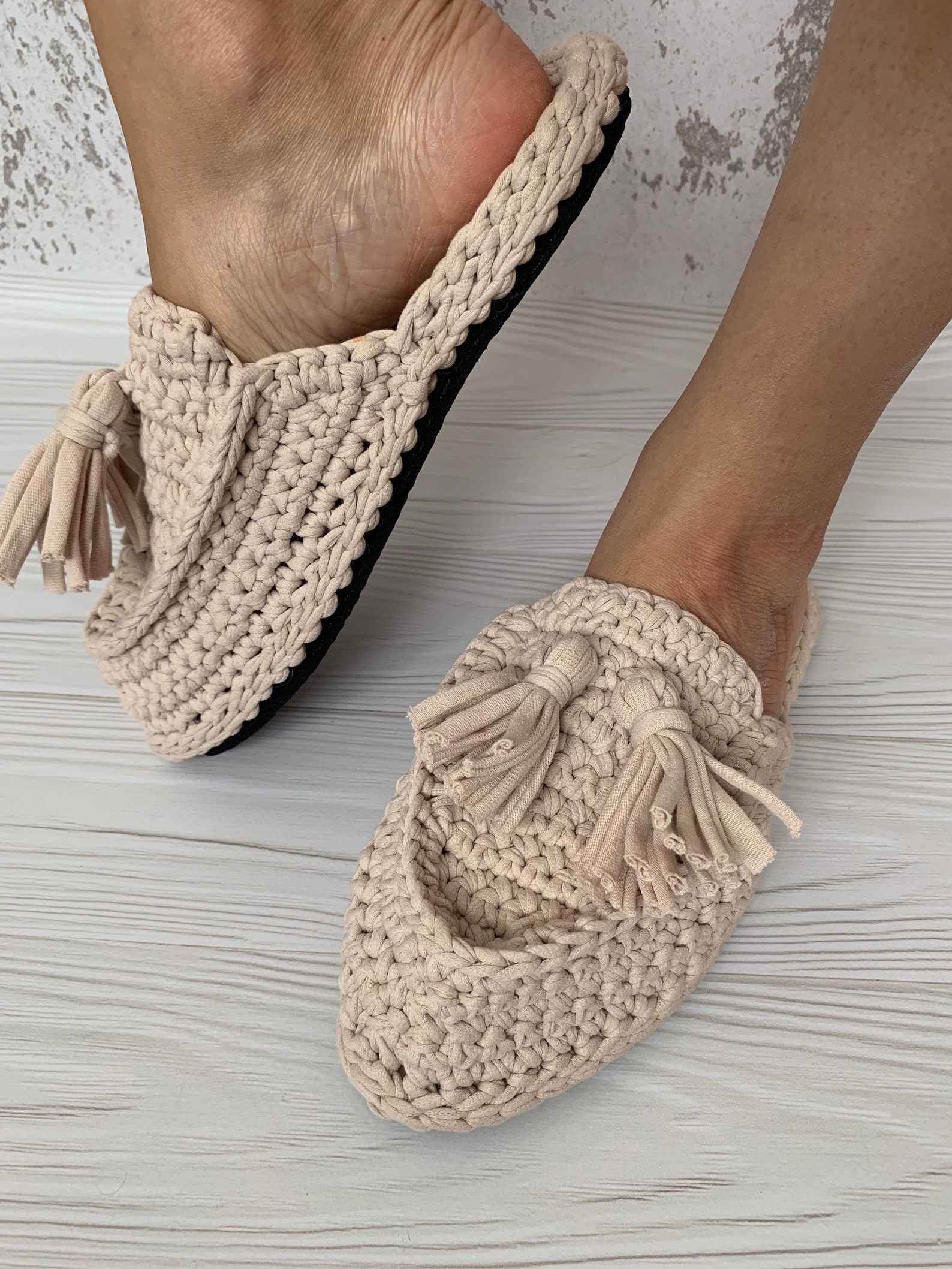 Crochet Slippers Knitted Mules Beige Flip Flops Knitted Etsy