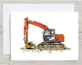 Orange excavator card, orange digger card, children's card, kid's birthday cards, digger picture, digger paintings, heavy machinery