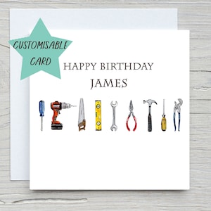 May include: A white birthday card with the message "HAPPY BIRTHDAY JAMES" and a line of watercolour tool illustrations. A teal star shape with the words "CUSTOMISABLE CARD" is in the upper left corner.
