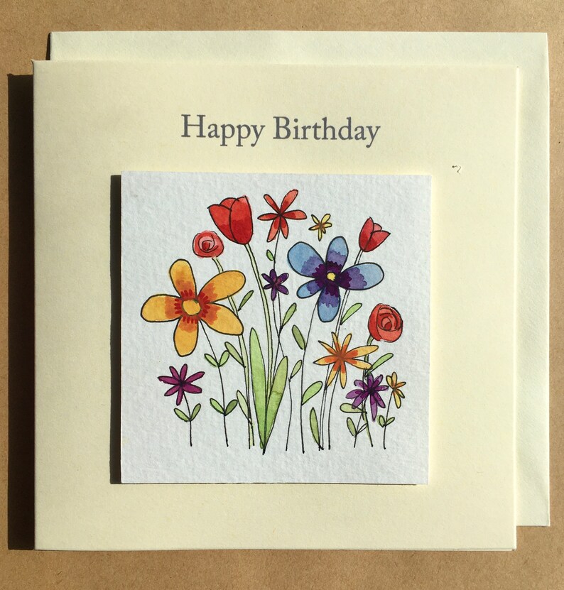 hand drawn and painted birthday card Handmade card one of a kind greeting card original card individually painted card flowers card