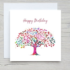 Tree birthday card, floral female birthday card, multicoloured tree illustration card, botanical birthday card