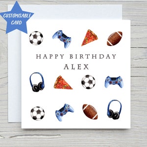 Carte d’anniversaire d’adolescent, carte personnalisable, pizza, football, rugby et carte de jeu, carte de jeu pour garçon
