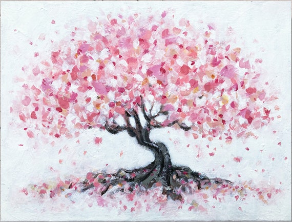 Black & White Cherry Blossom Tree Original Painting. Cute mini