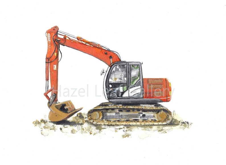 Kids prints Digger painting Orange digger print Excavator print