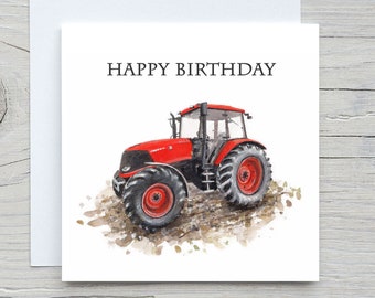 Red tractor card, Birthday card with red tractor painting, farm machinery card, kids cards. childrens birthday card