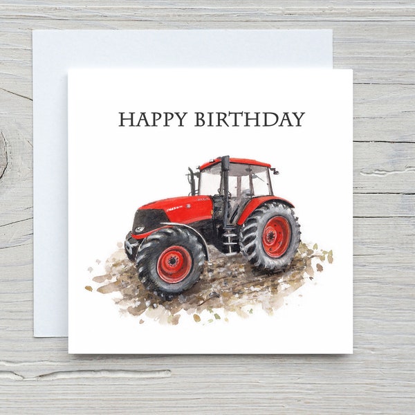 Red tractor card, Birthday card with red tractor painting, farm machinery card, kids cards. childrens birthday card