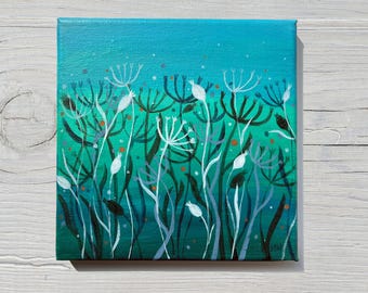 Original small floral landscape painting, botanical modern art, floral canvas, british countryside, September blue stems, leaves and stems