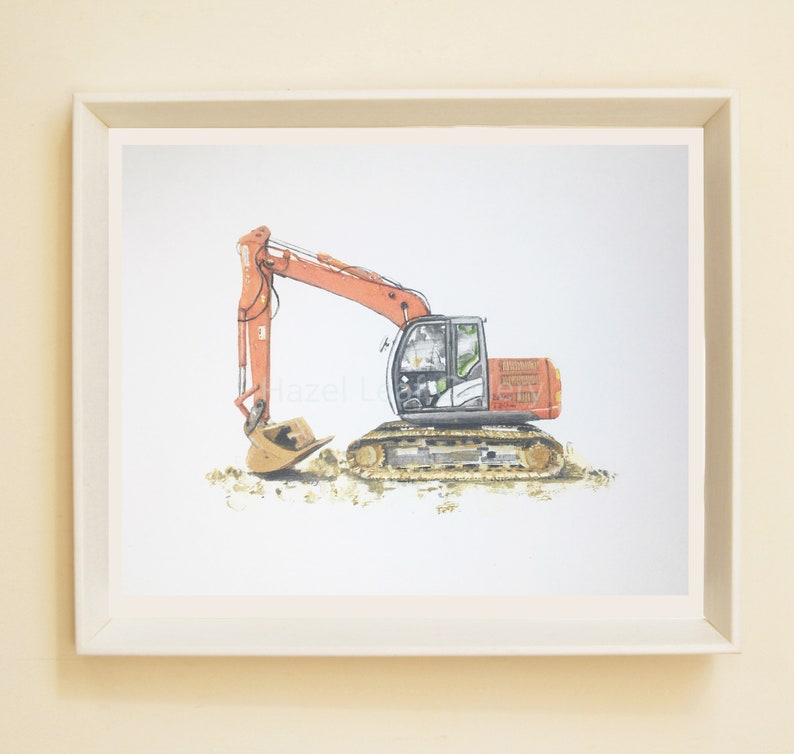 Kids prints Digger painting Orange digger print Excavator print