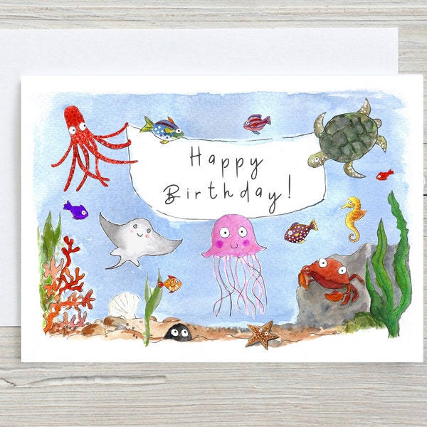 Sea creatures birthday card, kid's birthday cards, children's birthday cards, under the sea cards, sea creatures watercolour illustration
