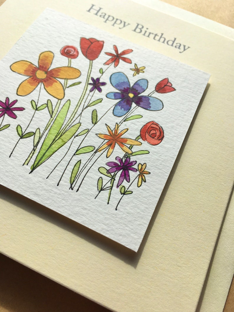 hand drawn and painted birthday card Handmade card one of a kind greeting card original card individually painted card flowers card