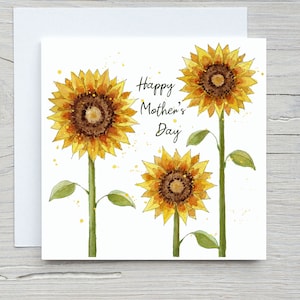 Carte de fête des mères, carte de tournesols, peinture de tournesols à l'aquarelle, carte de voeux de fête des mères