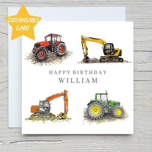 Carte personnalisable tracteurs et pelles, carte d'anniversaire d'enfant, cartes d'enfant, carte de tracteur, carte de pelles