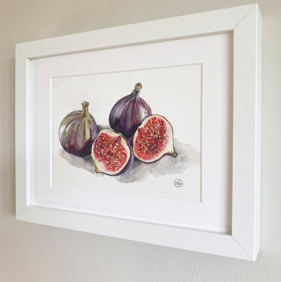 Original Watercolour and Gouache Painting on Paper, Framed in a White  Contemporary Frame, Figs Painting, Food Painting 