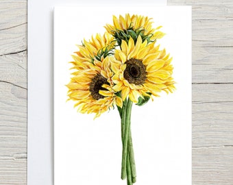Sunflowers card, sunflower painting, sunflower birthday card, botanical illustration card, yellow bouquet