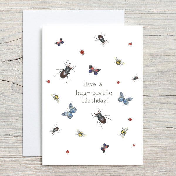 Bug birthday card, kids birthday cards, bug-tastic card, insect card, entomology, butterflies, bees, ladybirds, beetles cards