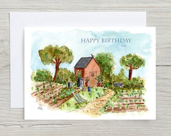 Carte d'anniversaire de jardinage, carte d'anniversaire de lotissement, carte de jardinage, illustration originale de jardin, cartes d'anniversaire aquarelles, cartes de jardin
