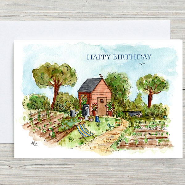 Gardening birthday card,  Allotment birthday card, gardening card, original garden illustration, watercolour birthday cards, garden cards