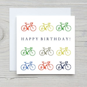 Carte d'anniversaire vélo, carte vélo, carte cycliste, carte cycliste, carte vélo joyeux anniversaire, vélos colorés, carte cycliste colorée