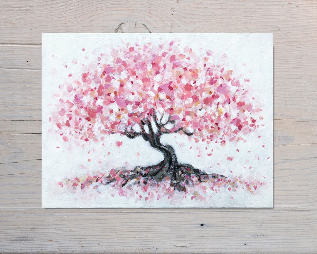 Cherry Blossom Tree Painting on Canvas, Original Painting on Stretched