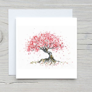 Cherry blossom tree card, cherry blossom painting, cherry blossom tree greeting card, pink flower birthday card