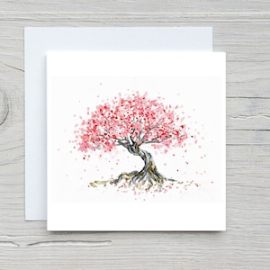 Carte de cerisier en fleurs, peinture de fleurs de cerisier, carte de voeux de cerisier en fleurs, carte d'anniversaire de fleur rose