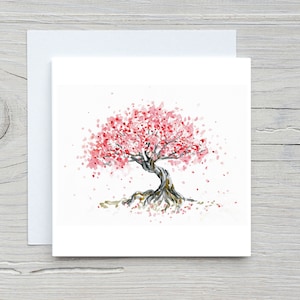 Cherry blossom tree card, cherry blossom painting, cherry blossom tree greeting card, pink flower birthday card