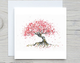 Cherry blossom tree card, cherry blossom painting, cherry blossom tree greeting card, pink flower birthday card