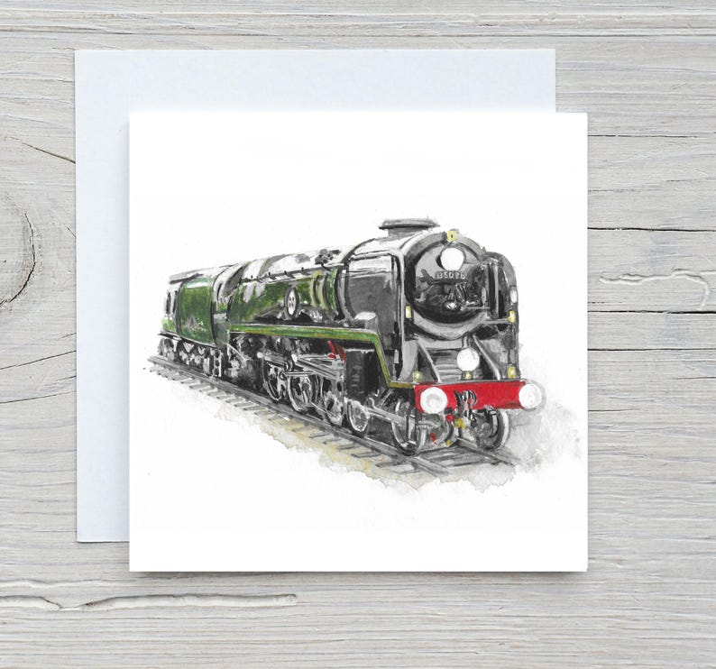 May include: Watercolor illustration of a black and green steam locomotive on a white background. The train has red accents and is positioned on a section of railroad tracks. The image is on a white card.