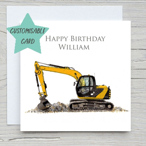 Yellow excavator card, personalised birthday card, yellow digger birthday card, custom made card, children's cards