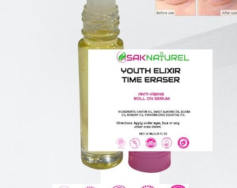 Youth Elixir Time Eraser Roll on Rollerball 10 ml, Anti Aging Castor oil Frankincense Jojoba Wrinkle Dark Circles under eyes Serum face oil