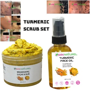 ORGANIC TURMERIC Sugar Scrub set turmeric facial oil 00% Natural Organic, Raw Turmeric and Papaya Powder, Turmeric Soap, For Face And Body