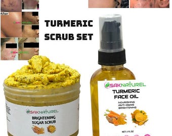CURCUMA BIOLOGIQUE Ensemble de gommage au sucre, huile de curcuma pour le visage, 100% naturelle biologique, poudre de curcuma et de papaye crues, savon de curcuma, pour le visage et le corps