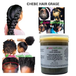 May include: A green jar of Chebe Hair Grease by SakNaturel. The jar is labelled with the product name and a list of benefits, including hair growth, dandruff removal, and hair breakage correction. The jar is 4 fluid ounces.