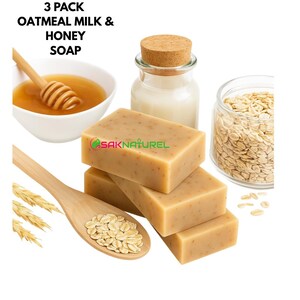 3 PACK Natural Oatmeal Honey Milk Soap Bar Moisturizing Soap Dry Sensitive Skin. Handmade Soap For Men Women Kids Face, Body Unscented