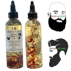 May include: Two clear glass bottles of beard growth oil with black caps. The oil contains visible plant matter. The labels read "SAKNATUREL BEARD GROWTH OIL" and list benefits. Black and white illustrations of bearded faces are also present.