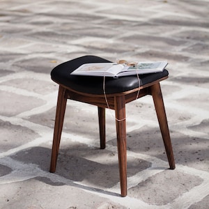 Wooden Leather Stool | Scandinavian Furniture | Wood Bench | Minimalist Chair | Short Wood Stool | MCM Stool | Wood Accent Stool