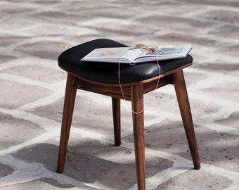 Wooden Leather Stool | Scandinavian Furniture | Wood Bench | Minimalist Chair | Short Wood Stool | MCM Stool | Wood Accent Stool