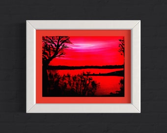 Red Night Lake Landscape Art Print: Abstract Acrylic Painting (Digital Download),