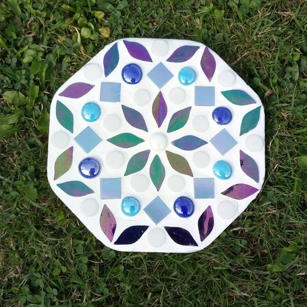 STEPPING STONE for garden iridescent rainbow mirrored ink petal  decorative mystic fairy garden diesel flower gift octagonal white. Yard art