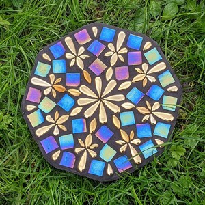 garden ornament stepping stone iridescent mosaic golden flower mirrored petal rainbow decorative mystic fairy diesel glass pebble paver image 3